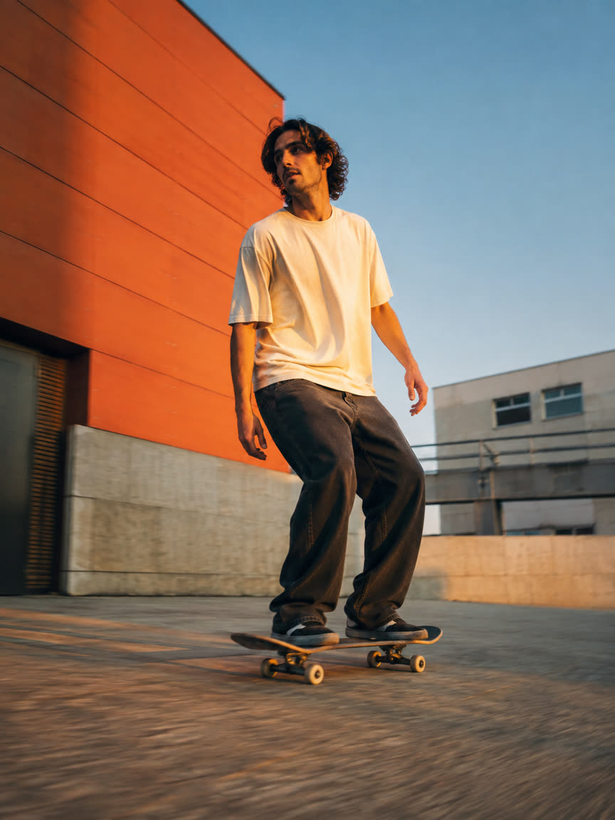 KI-generierte Illustration eines Skateboarders als Beispiel für Kurzvideo-Inhalte, keine echte Aufgabe.